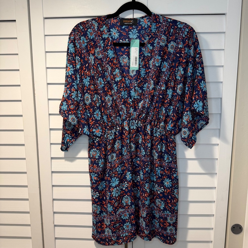 Renee C Laaverna V Neck Tunic Dress Floral Print Kimono Sleeve XL Made USA New